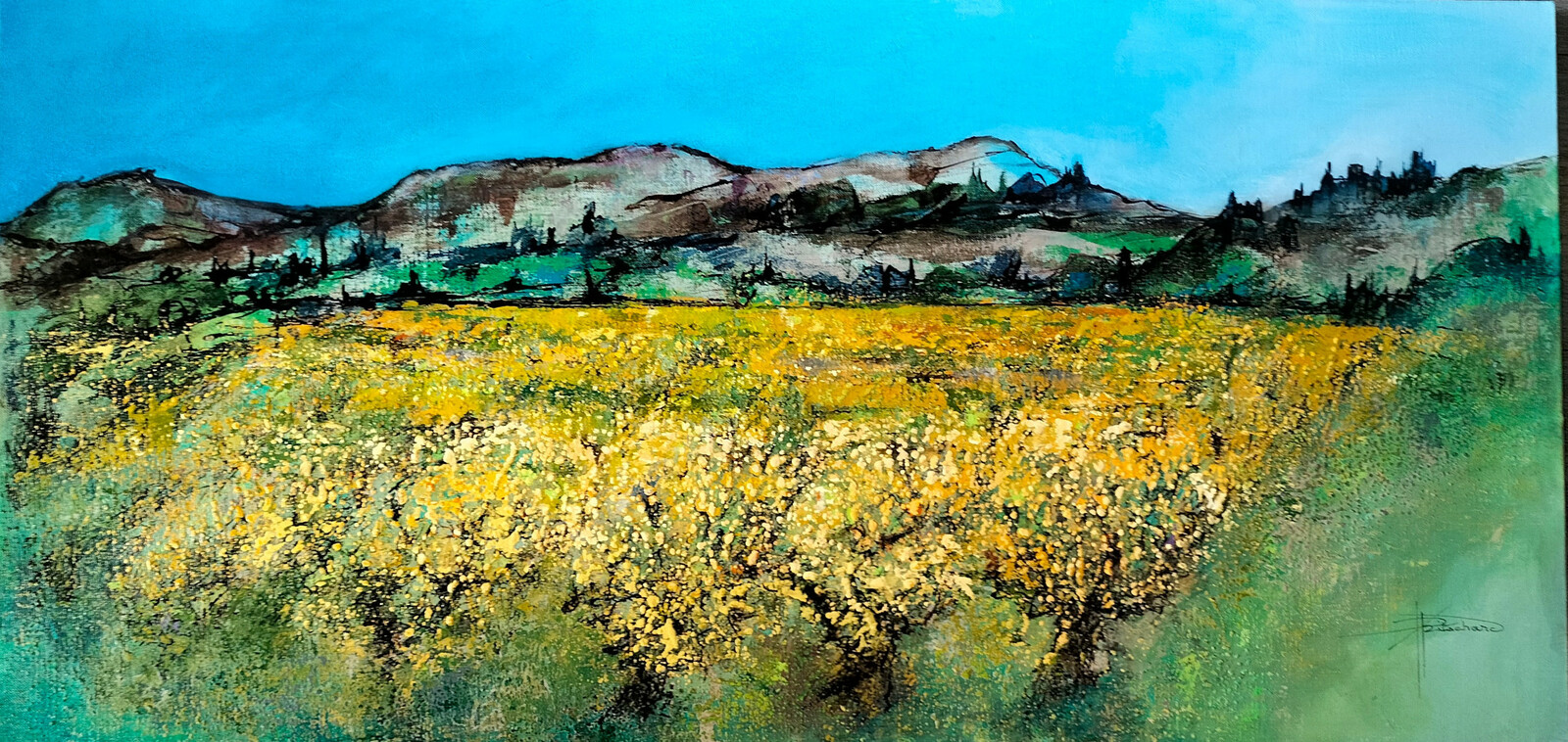 Les pampres d'or oeuvre 100 x 50 cm - acrylique et encre